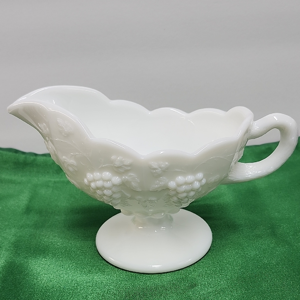 White Floral Milk Glass Gravy Boat
